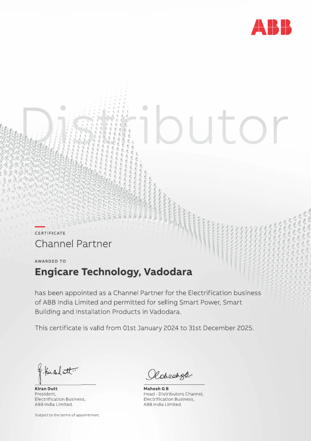 ABB Channel Partner certificate awarded to Engicare Technology for 2024-2025